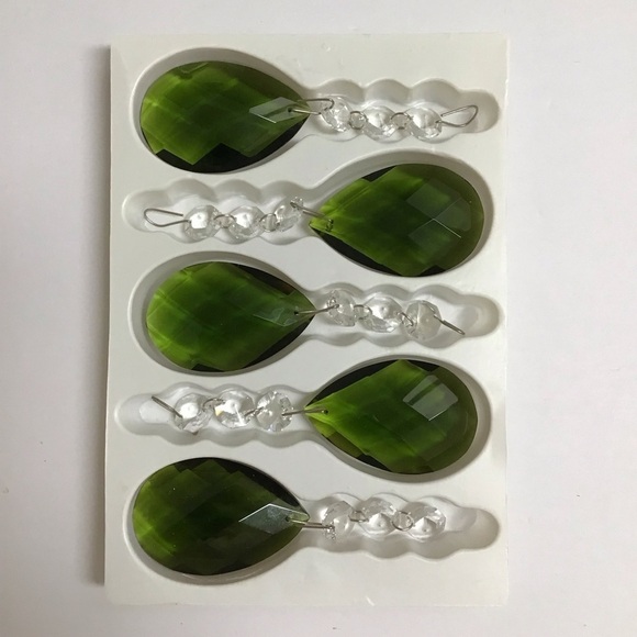Crystal Chandelier Faceted Prisms Teardrops Olive Green SET OF 5 Ornaments *NOTE - Picture 1 of 8